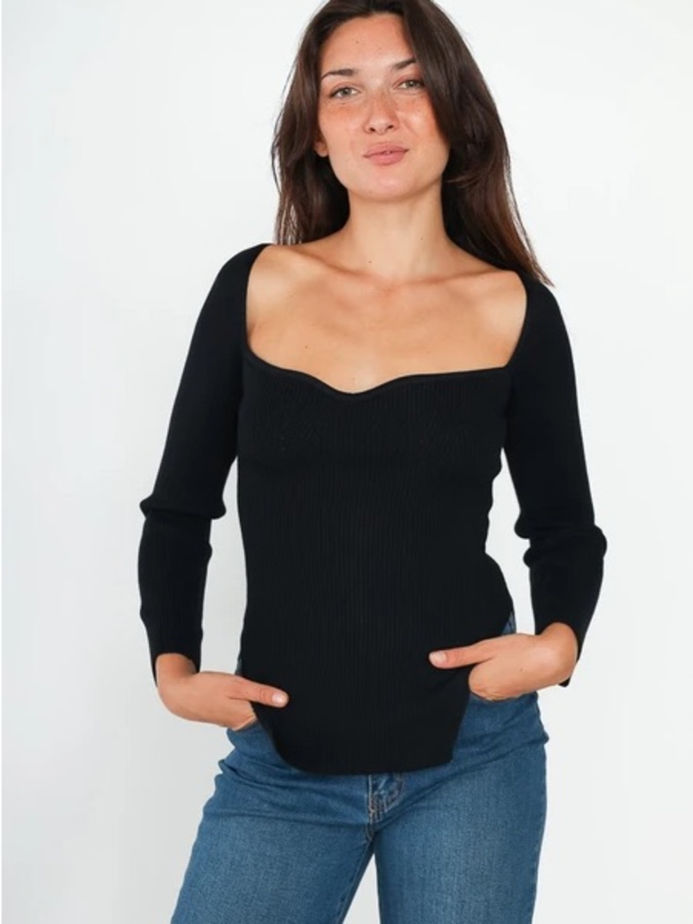 Ribbed Square-Scoop Knit Sweater - Black